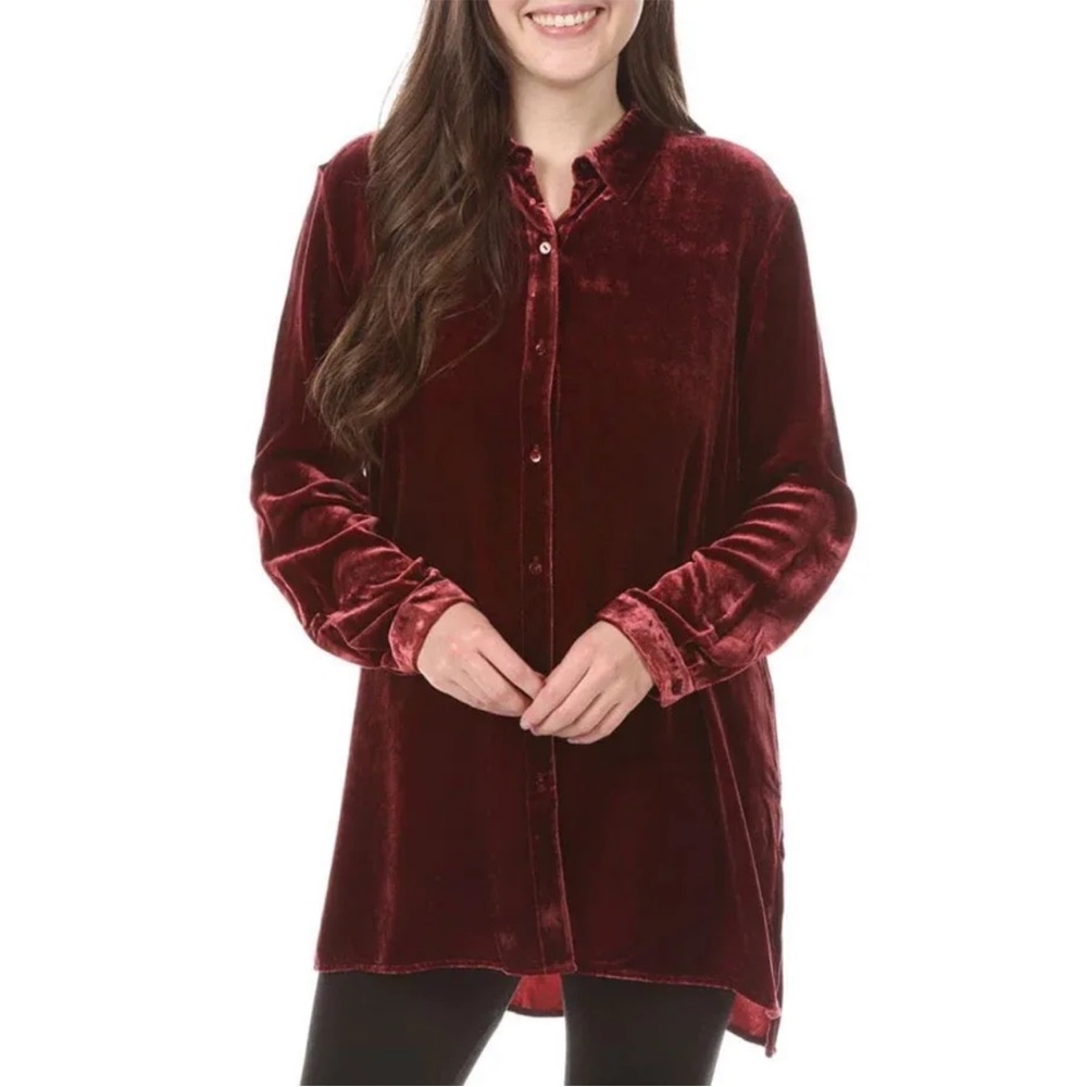 NWT $278 EILEEN FISHER Velvet Tunic Collar Long  Shirt  Dark Cranberry  Sz XXS